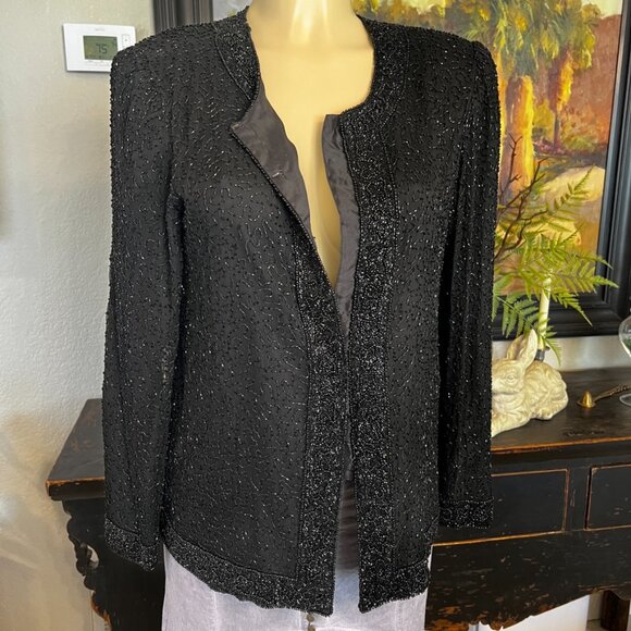 Laurence Kazar NY JACKET black on black hand beaded thru out with silk lining